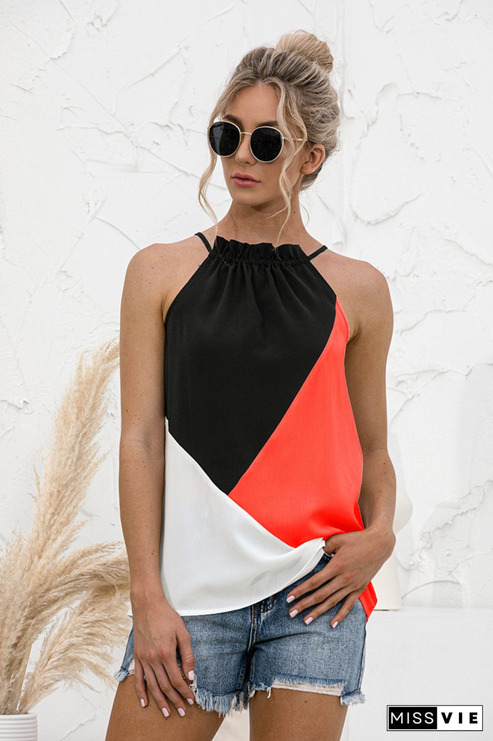 Color Block Halter Sleeveless Tank Top