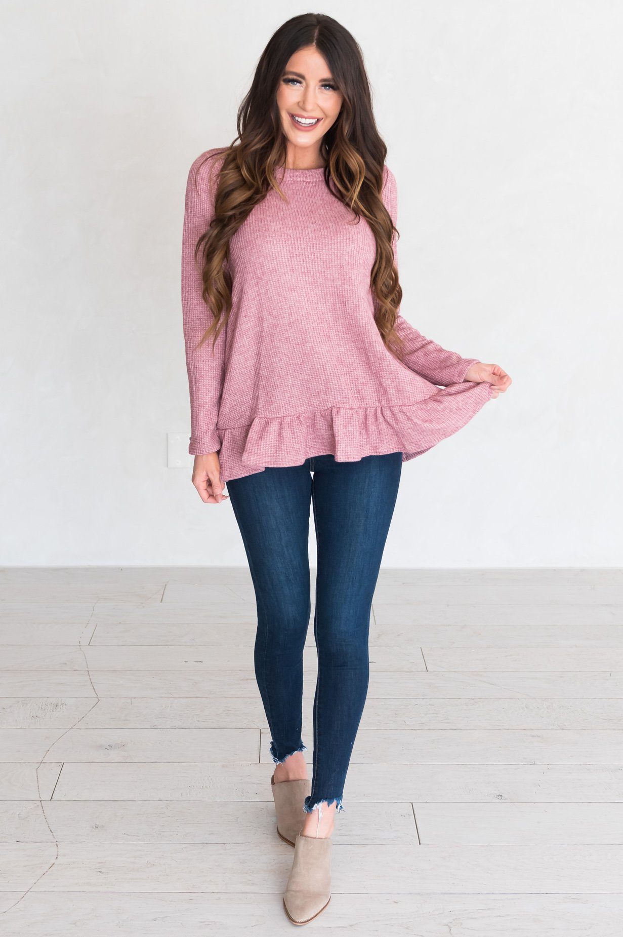 Lovely Sight Modest Ruffle Hem Top