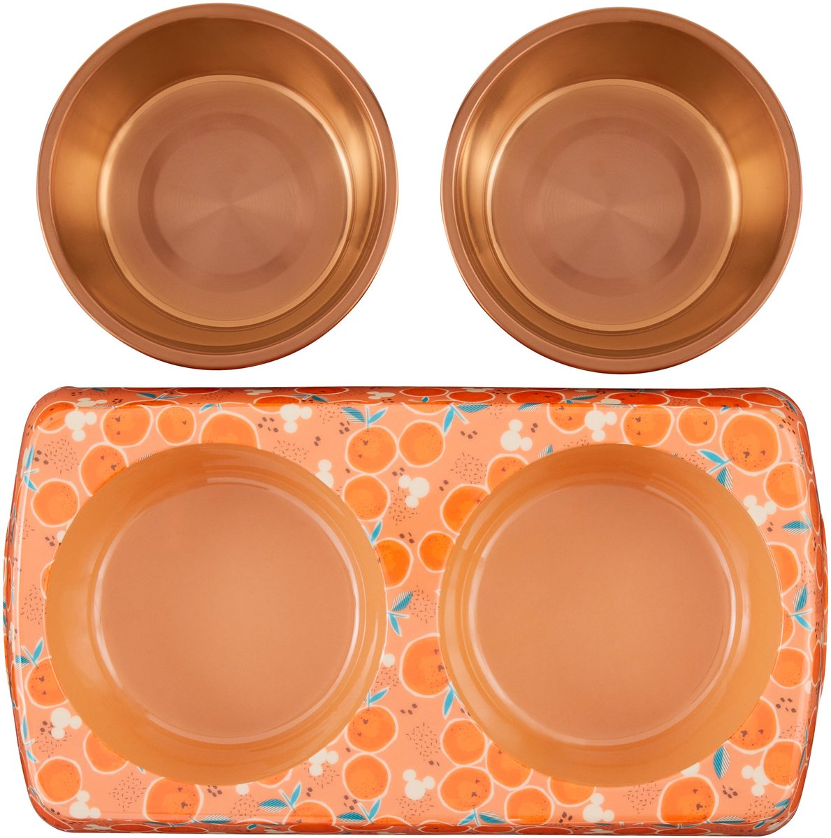 Disney Mickey Mouse Orange Bamboo Melamine Stainless Steel Double Dog and Cat Bowl