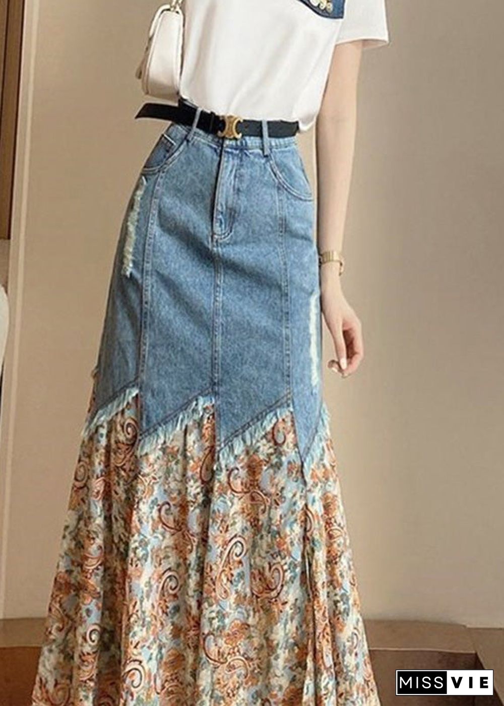 French Print Patchwork Button Denim Maxi Skirts Summer