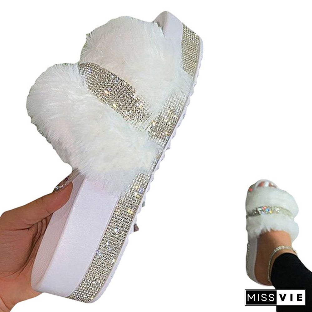 Women's Fashion Furry Slippers Platform Rhinestone Slippers