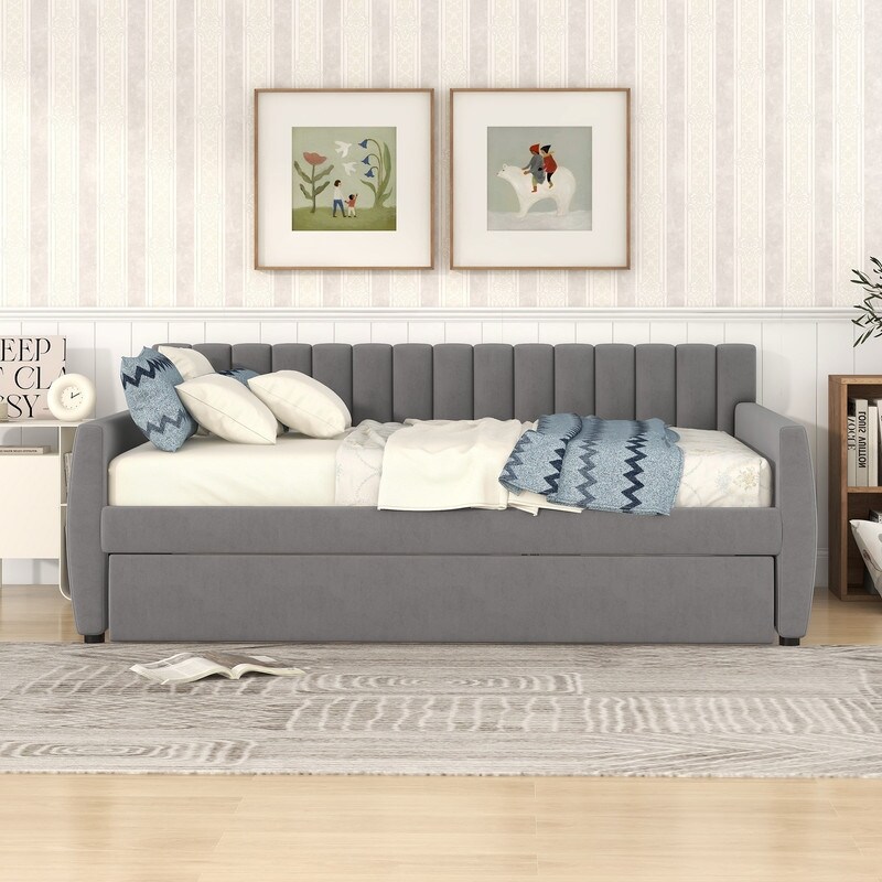 Velvet Upholstered Daybed with 2 Storage Drawers/ Trundle