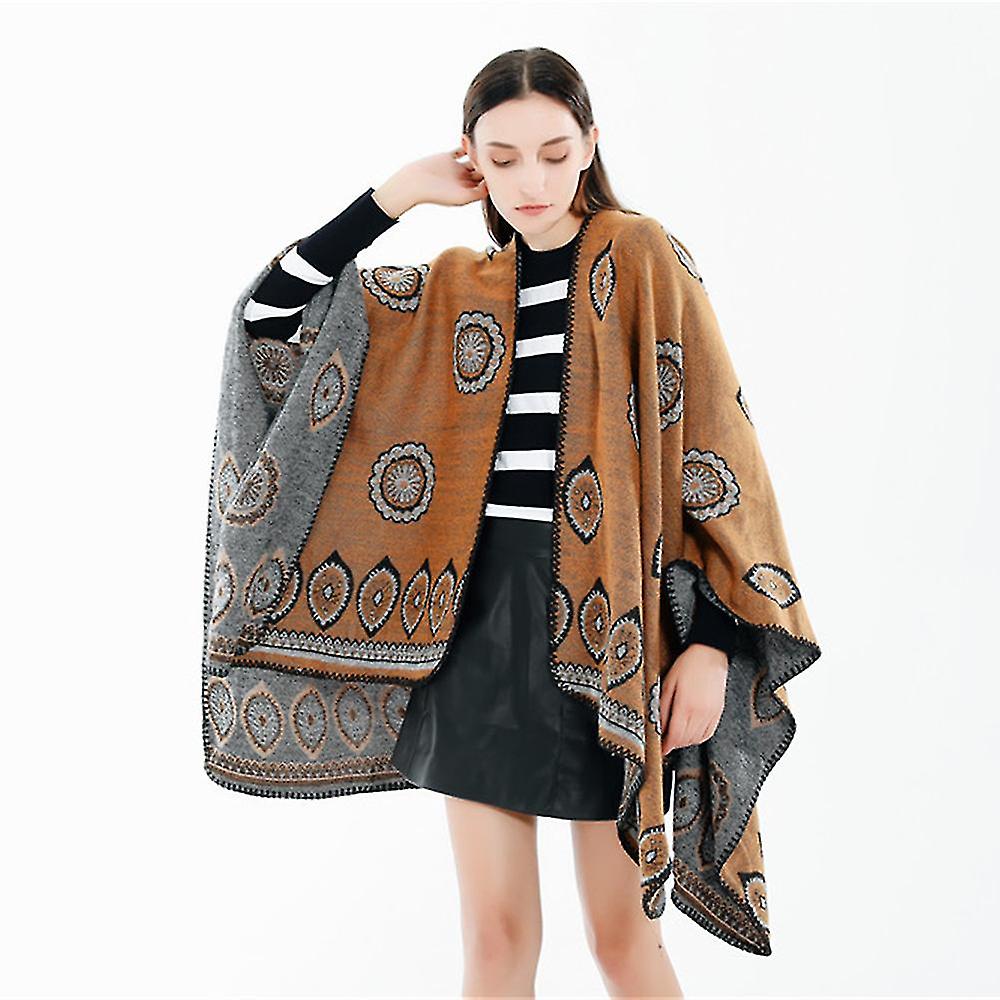 Women's Winter Cape Shawl Scarf Vintage Style Boho Print Fringe Shawl Cardigan1pcs-khaki