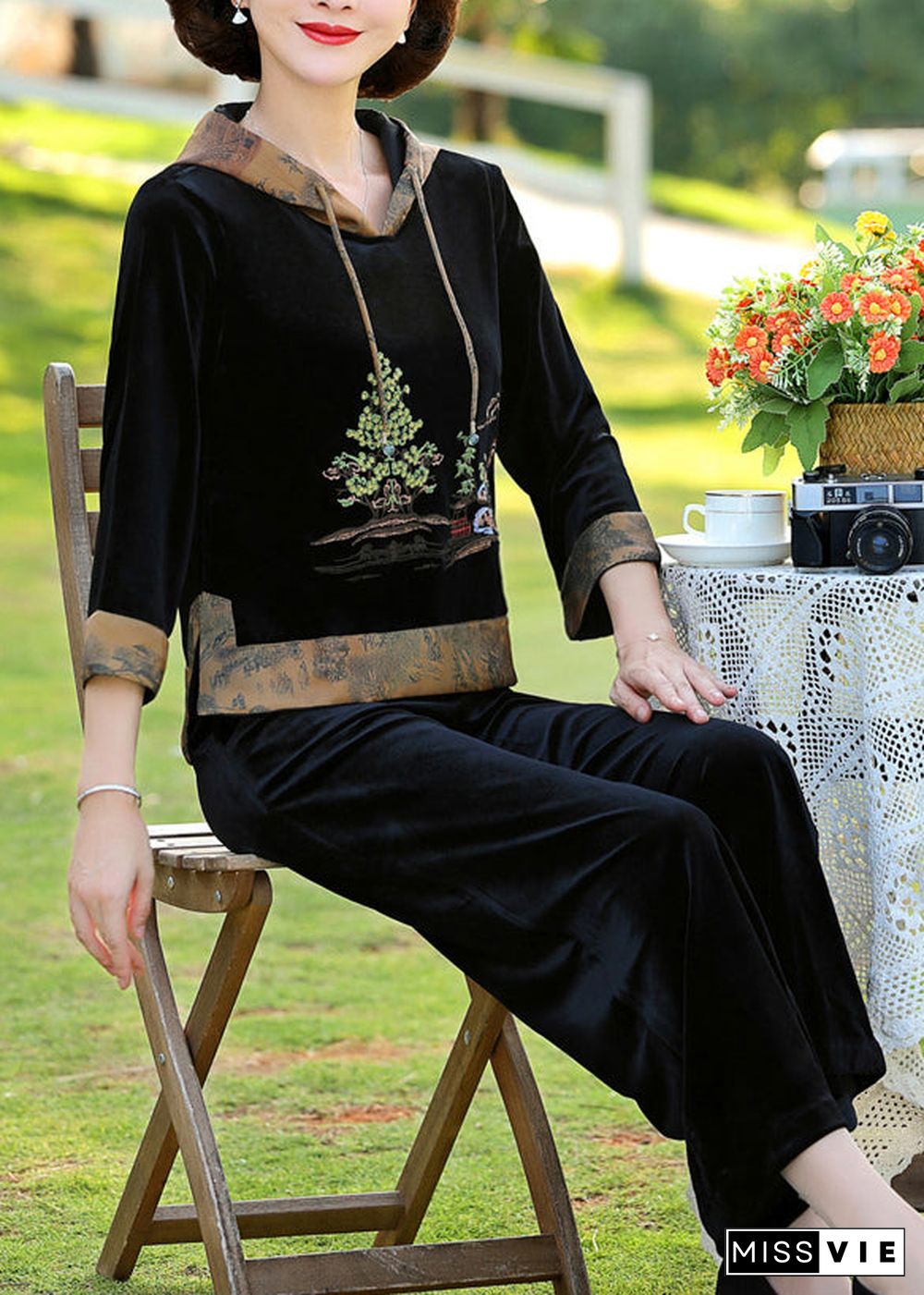 Elegant Black Print Patchwork Hooded Silk Velour Top And Wide Leg Pants Two Pieces Set Fall