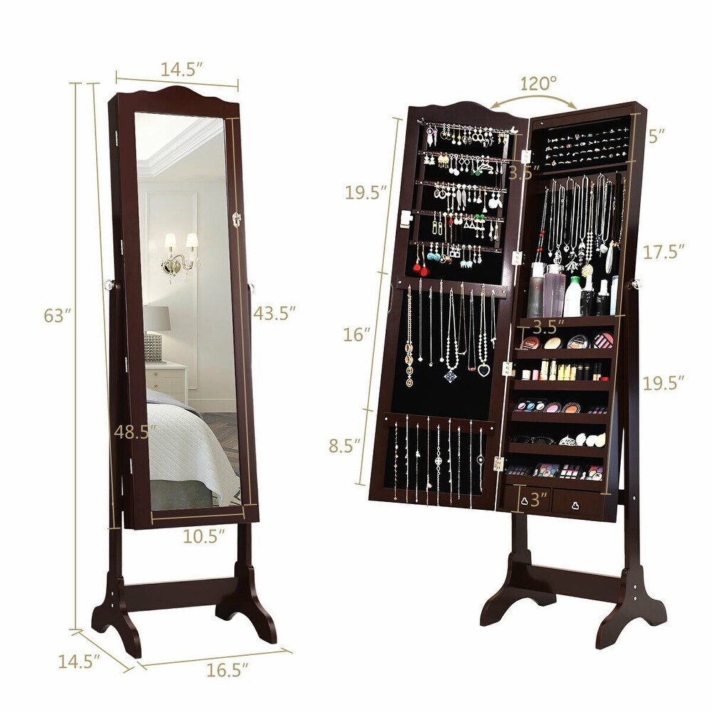 Gymax Mirrored Jewelry Cabinet Armoire Storage Organizer w/Drawer