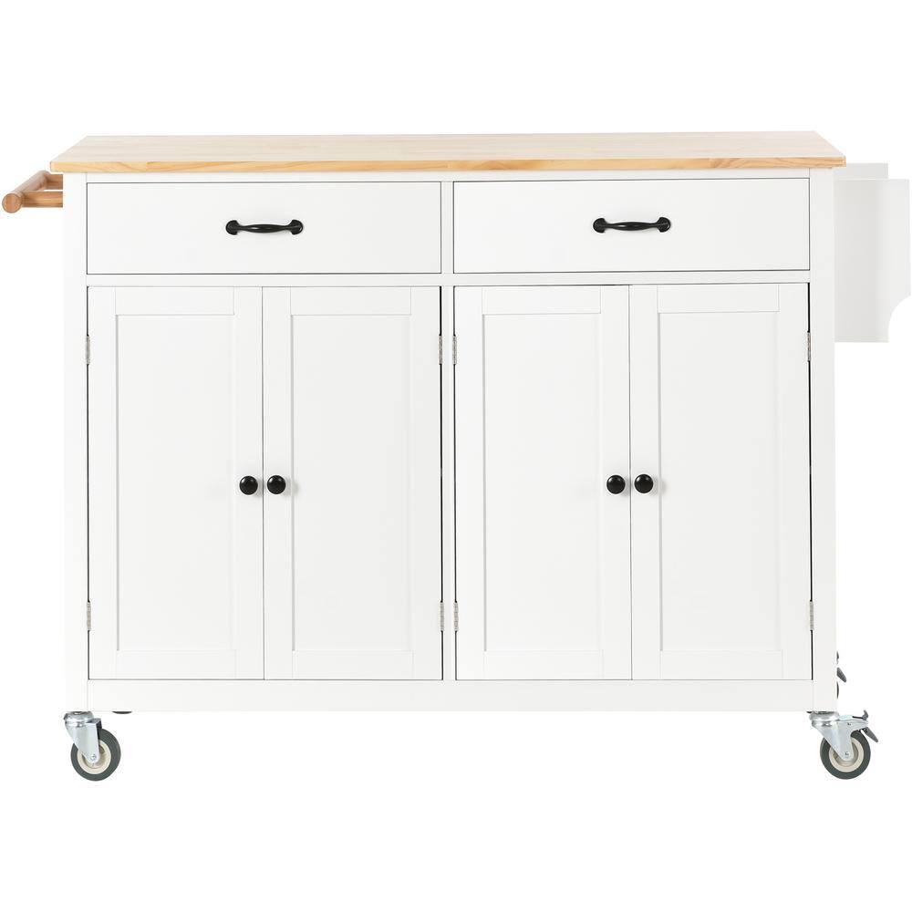 White Solid Wood Top 54.3 in. W Kitchen Island on 4-Wheels with 4-Door Cabinet and 2-Drawers VJ0310KIsland32