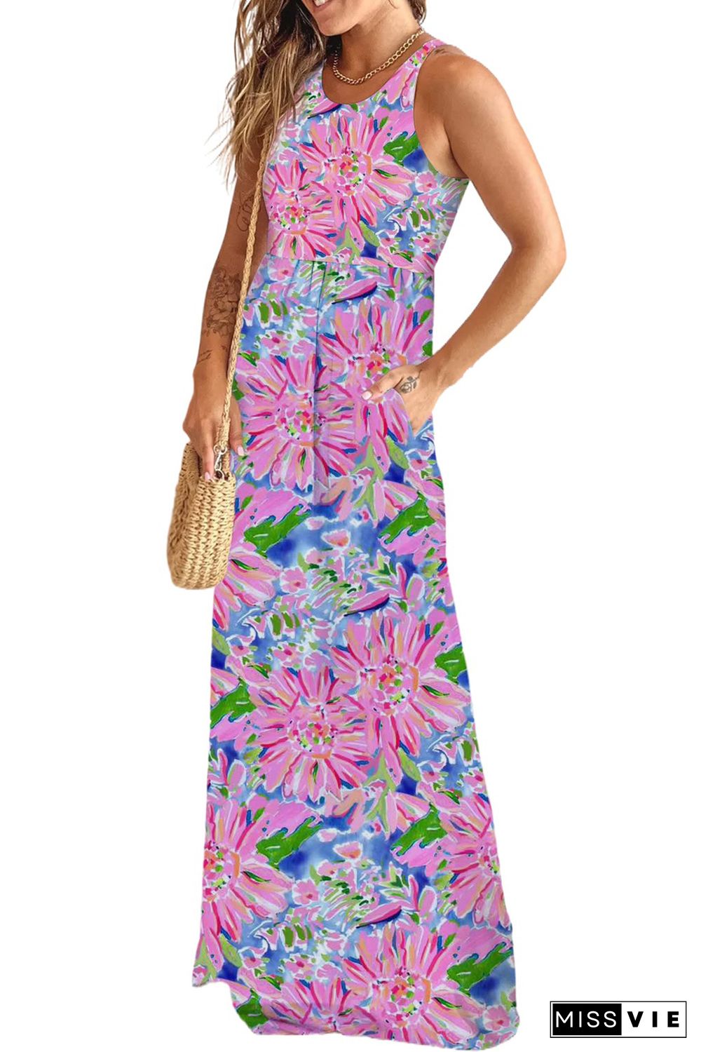 Pink Sleeveless High Waist Pocketed Floral Maxi Dress