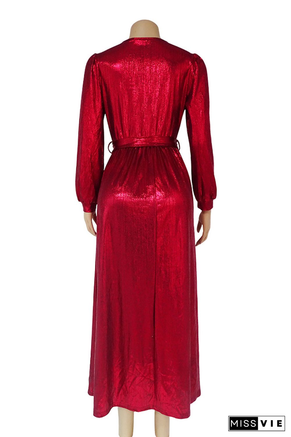 Wrap V Neck Shiny Puffy Sleeves Maxi Dress