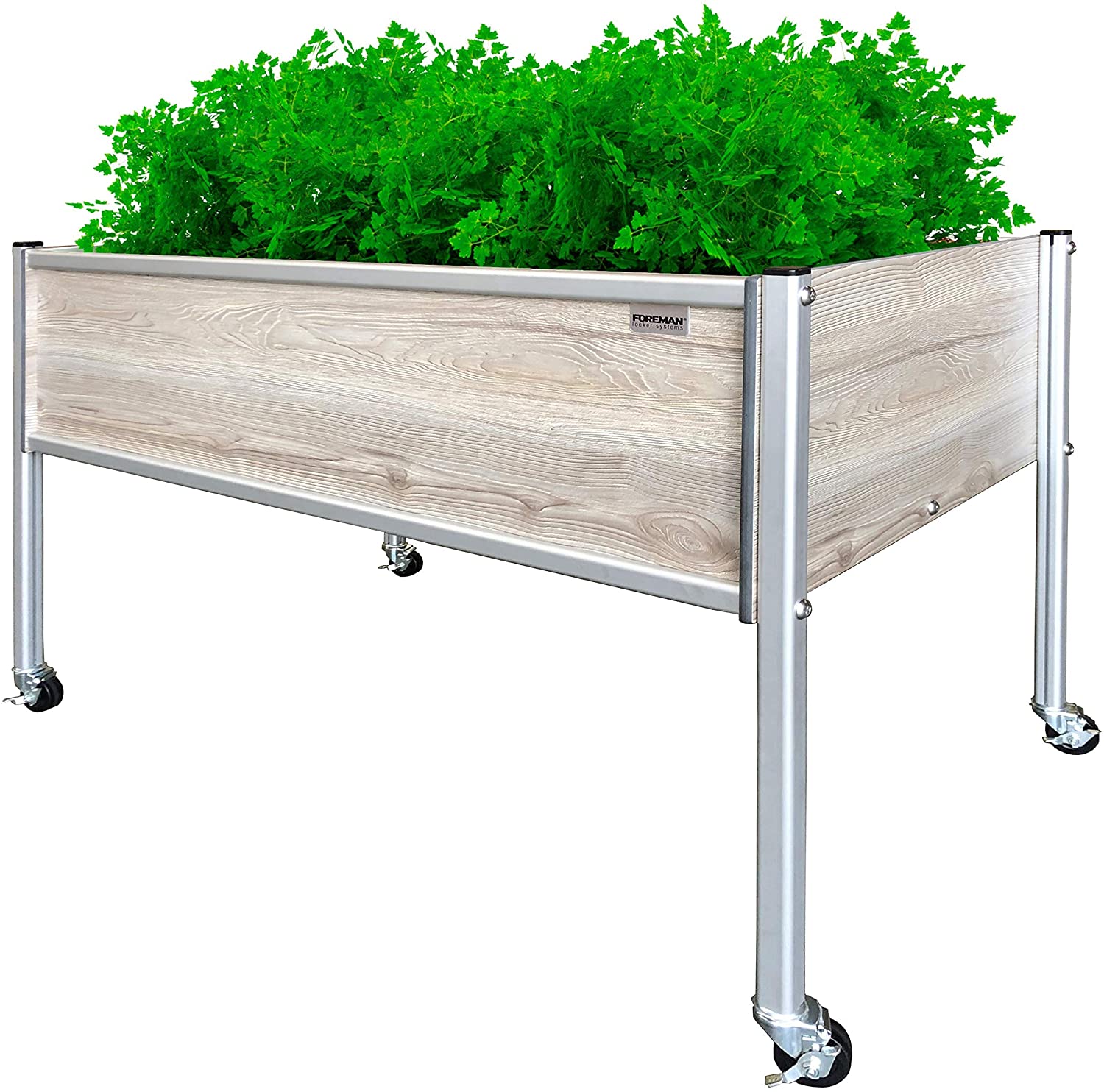 Foreman Raised Garden Bed 36”Lx24”Wx27”H Premium HPL Plastic Wood Grain Aluminum Legs with Lockable Wheels Elevated Planter Box for Backyard Patio Balcony, Callisto