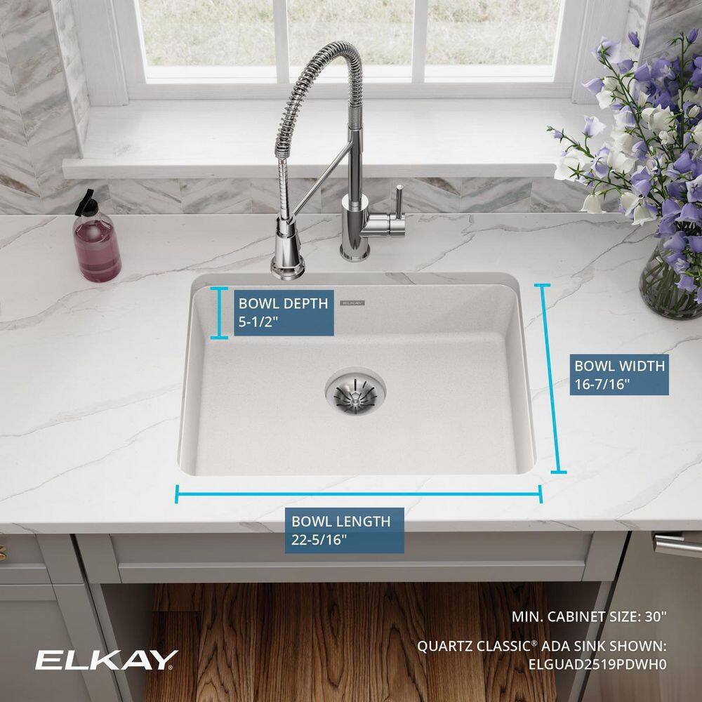 Elkay Quartz Classic White Quartz 25 in. Single Bowl Undermount Kitchen Sink with Perfect Drain ELGUAD2519PDWH0