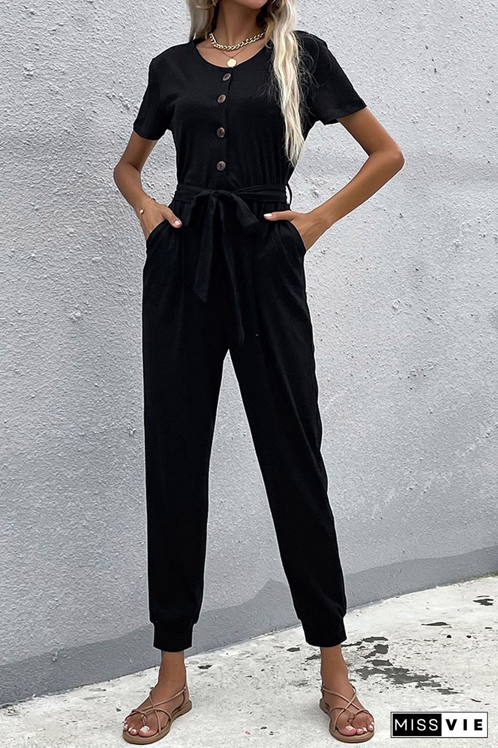 Black Short Sleeve Jumpsuit With Belt Wholesale