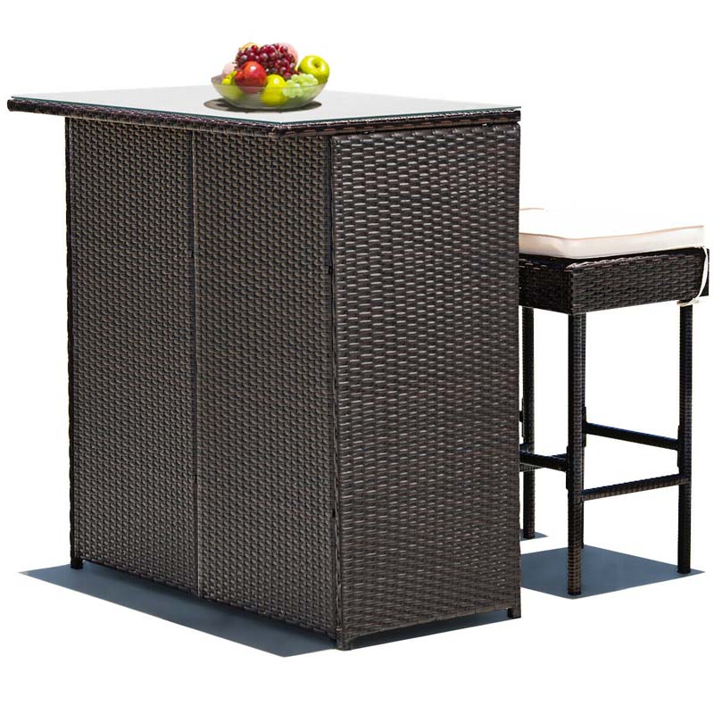 3 Pcs Rattan Patio Bar Dining Set Outdoor Counter Height Table Set with Cushioned Stools & Glass Top Table