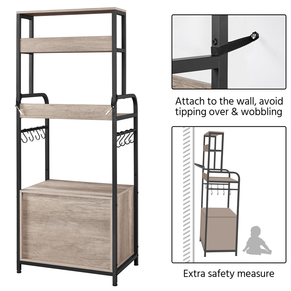 Topeakmart 4 Tiers Kitchen Baker's Rack with Storage Cabinet and 8 S-Hooks， Gray