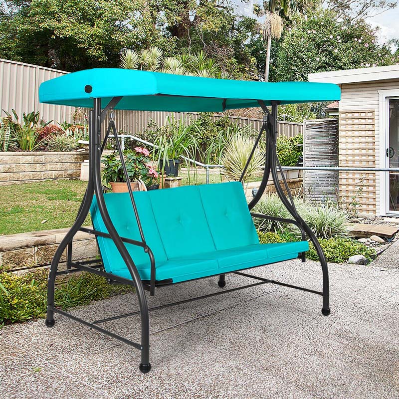 3-Seater Cushioned Metal Porch Swing with Adjustable Tilt Canopy, 2-in-1 Convertible Outdoor Patio Swing Chair Glider