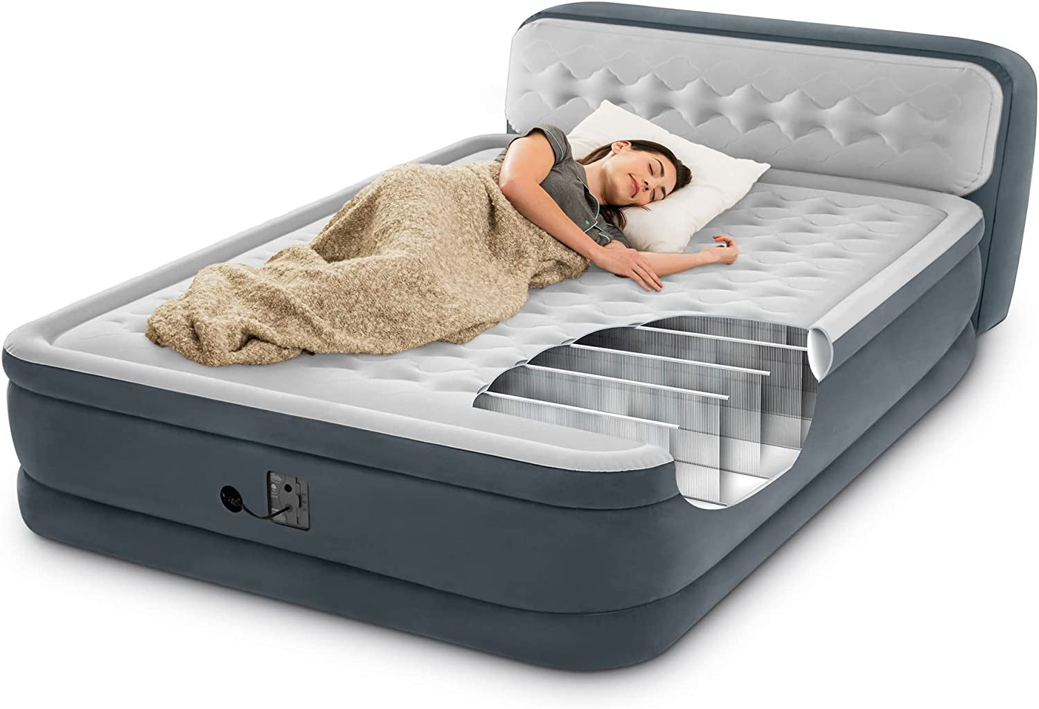 Elevated Fiber Tech Soft Air Mattress Bed with Built-in Pump， Ultra Plush Headboard， and Portable Storage Carrying Case， Queen