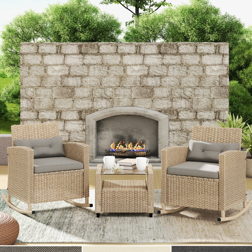 Corvus Fatih 3 piece Outdoor Wicker Rocking Chat Set with Cushions