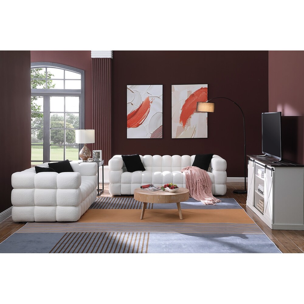 Deep Seat White Boucle 2pc Sofa Sets with Pillows and Square Arms