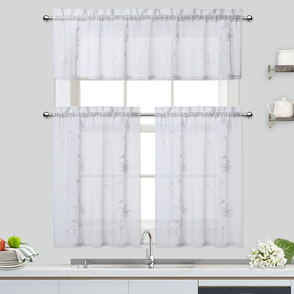 Sheer Kitchen Tier Curtains  Floral Embroidered Semi Sheer Short Curtain