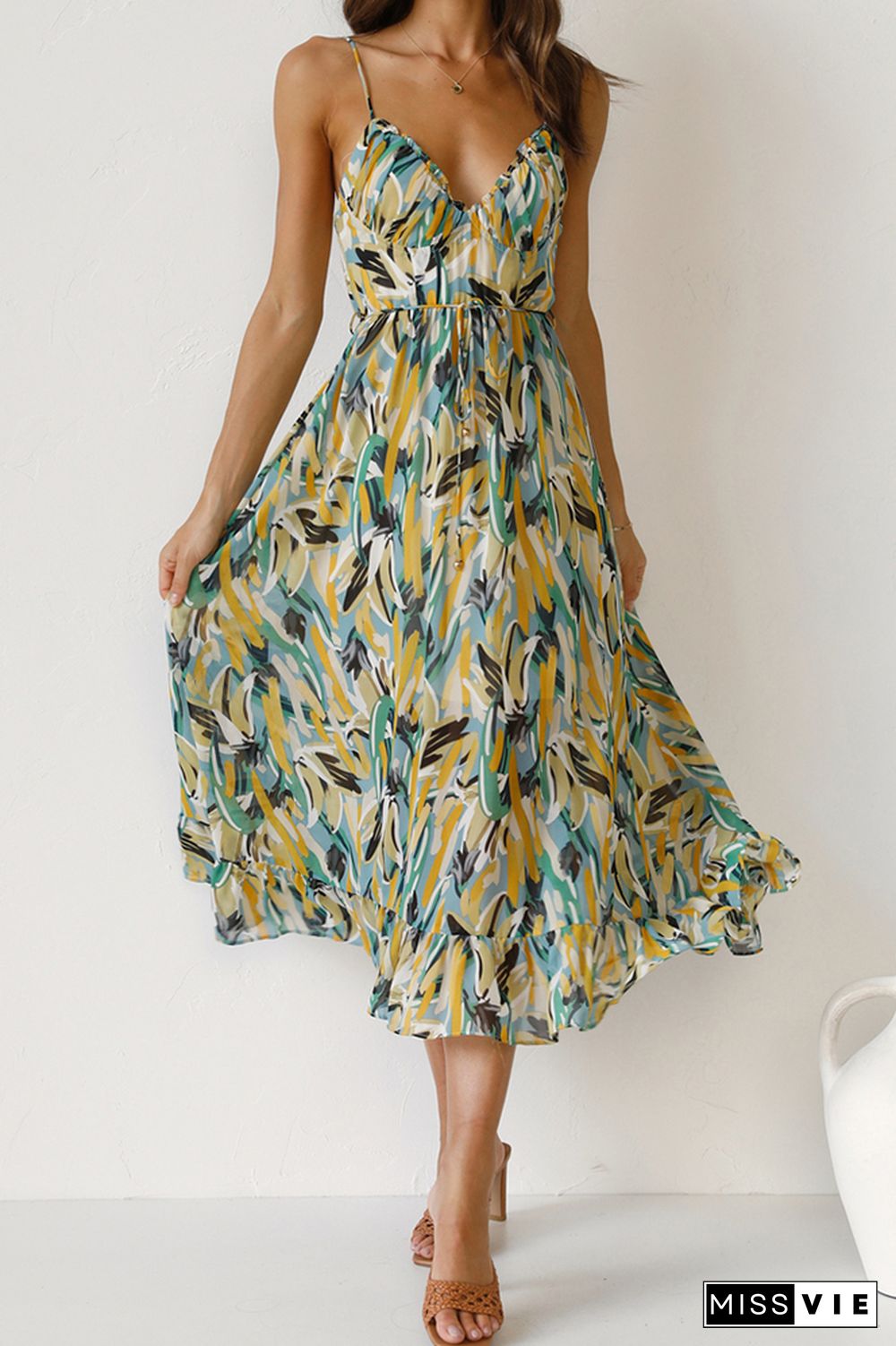 V Neck Halter Print Midi Dress Wholesale