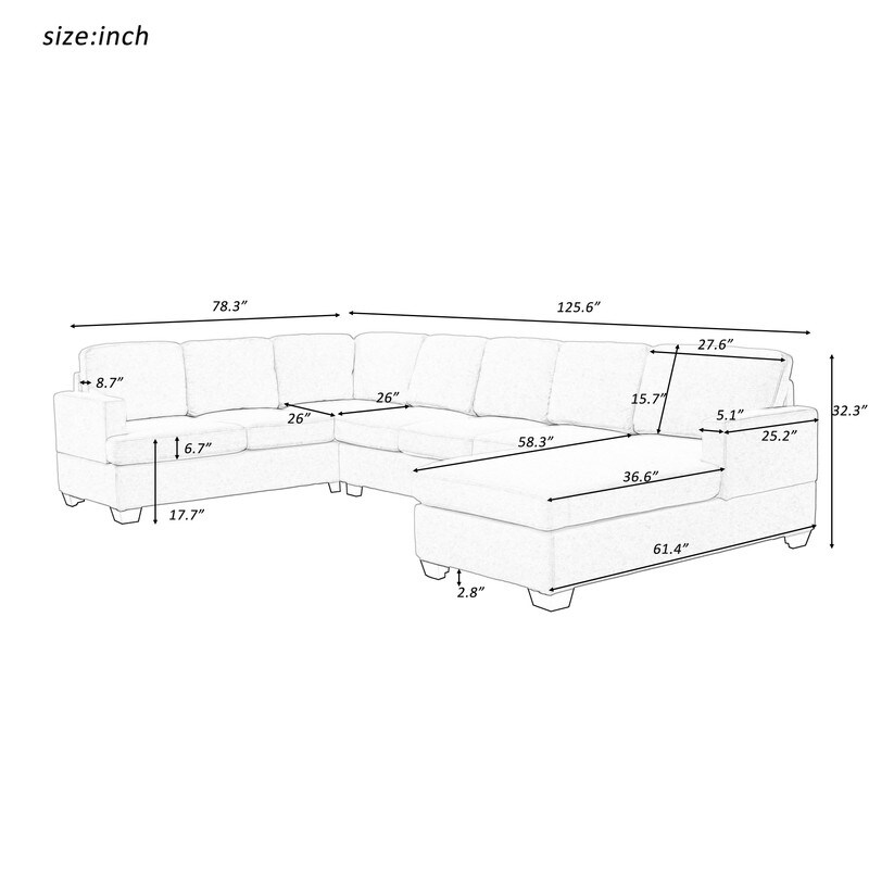 Modern 6 Seat Sofa Large Polyester Padded U shape Sectional Sofa Furniture Set  Extra Wide Chaise Lounge Couch   Wood Feet