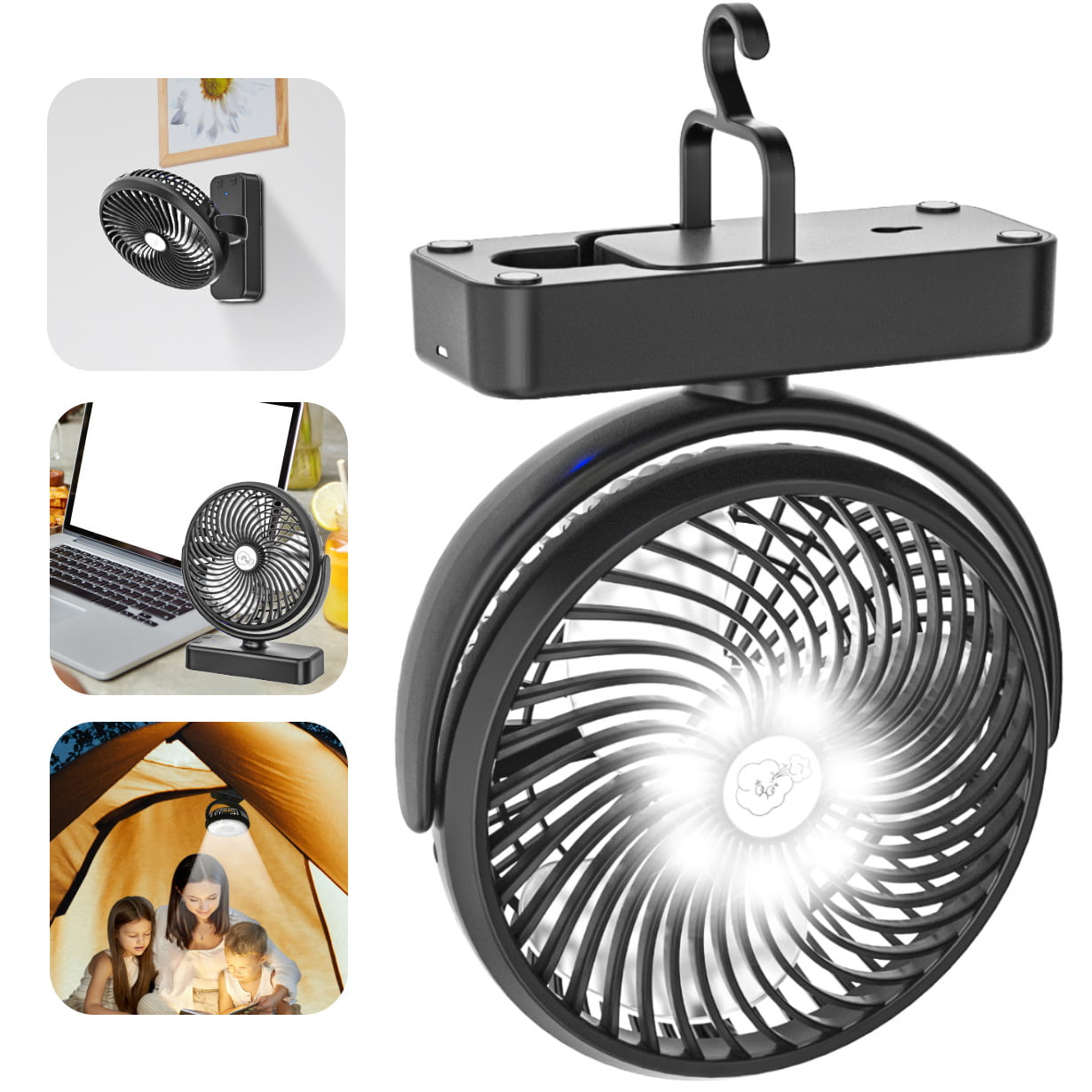 Camp Tent Fan with LED Light, 10000mAh Rechargeable Battery Operated Fan, 360° Rotating 3 Speed Portable Small Desk Fan with Foldable Hang Hook/Mount Hole