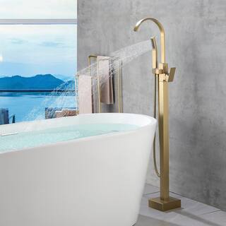 Miscool Upo 1-Handle Freestanding Floor Mount Roman Tub Faucet Bathtub Filler with Hand Shower in Brushed Gold SHNKHD10E861GL