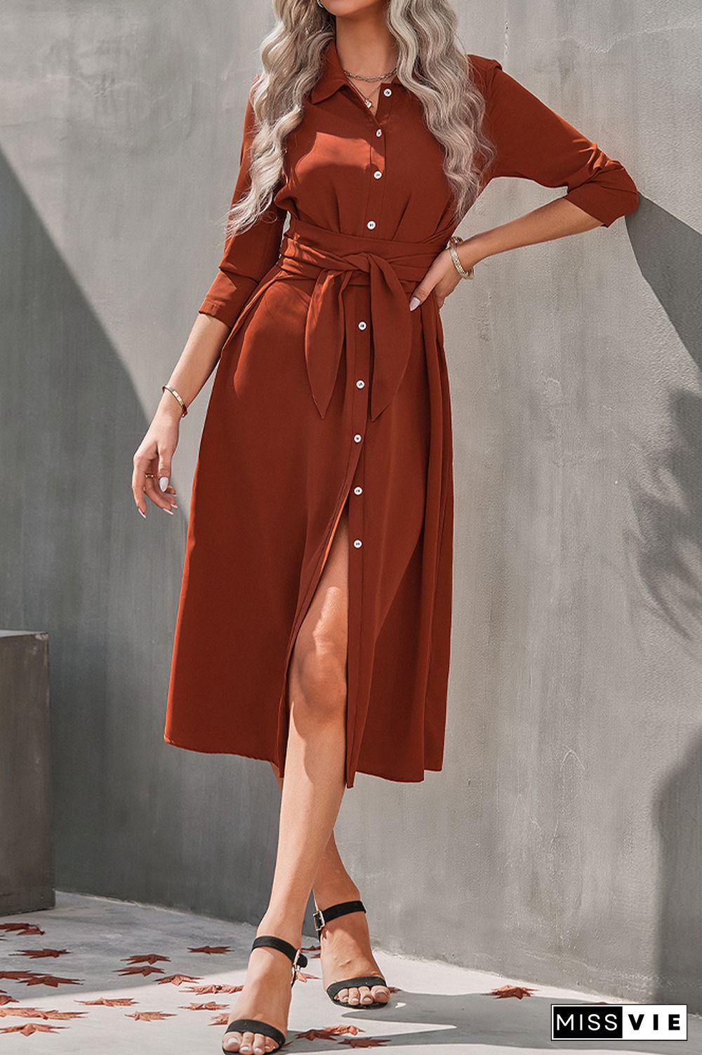 Open Button Waistbelt Shirt Midi Dress Wholesale