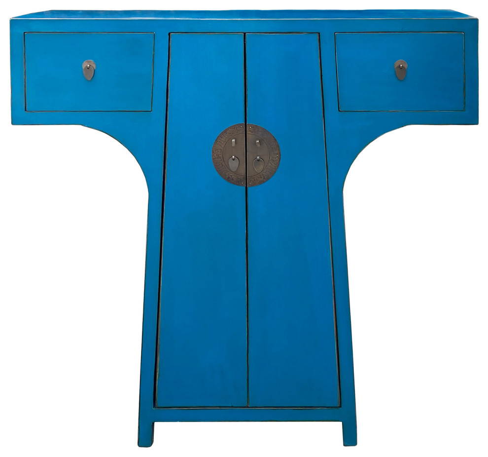 Chinese Moon Face T Shape Benitoite Blue Drawers Side Table Cabinet Hcs7510   Asian   Side Tables And End Tables   by Golden Lotus Antiques  Houzz