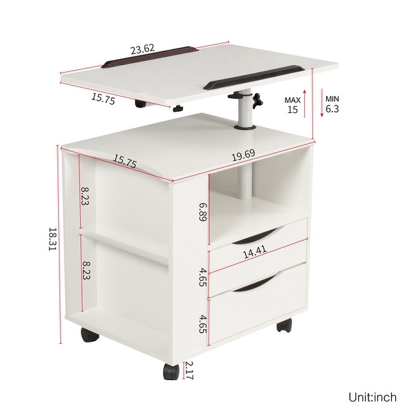 Movable End Table with Height Adjustable Swivel Top and 2 Drawers， Wood End Table with Open Shelf and Q-Type Clip