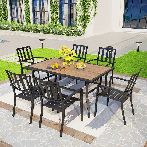 7pc Outdoor Dining Set Faux Wood Table 6 Stackable Chairs Weather resistant Easy clean Captiva Designs