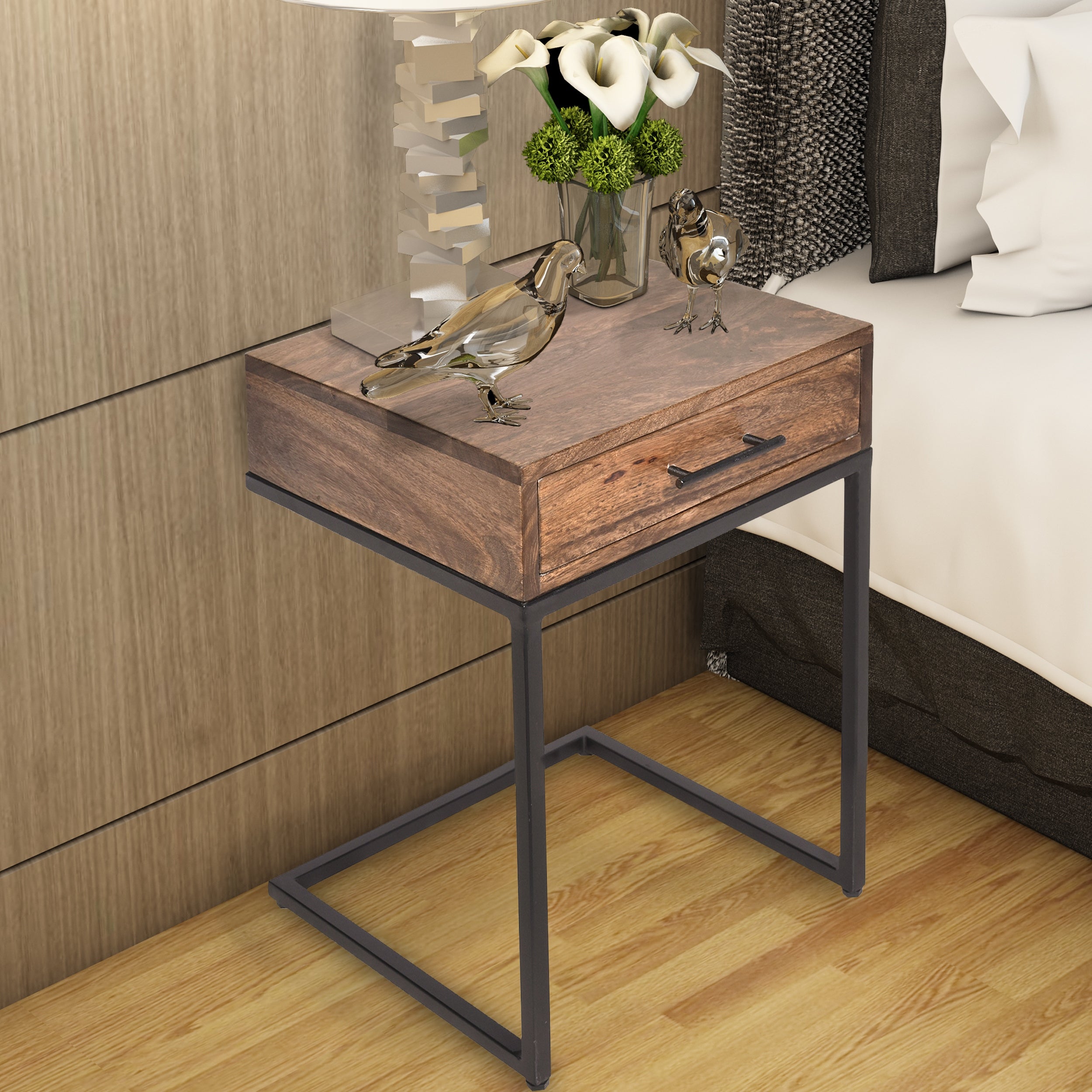 Mango Wood Side Table with Drawer and Cantilever Iron Base， Brown and Black