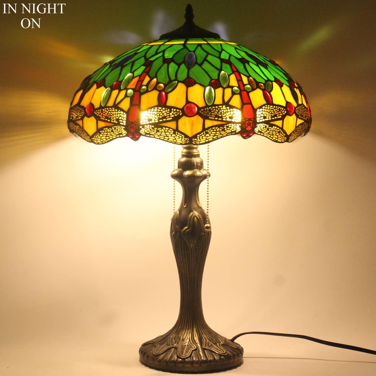 Tiffany Lamp Stained Glass Bedside Table Lamp Green Yellow Dragonfly 16X16X24 Inches Desk Reading Light Metal Base Decor Bedroom Living Room Home Office S009G Series