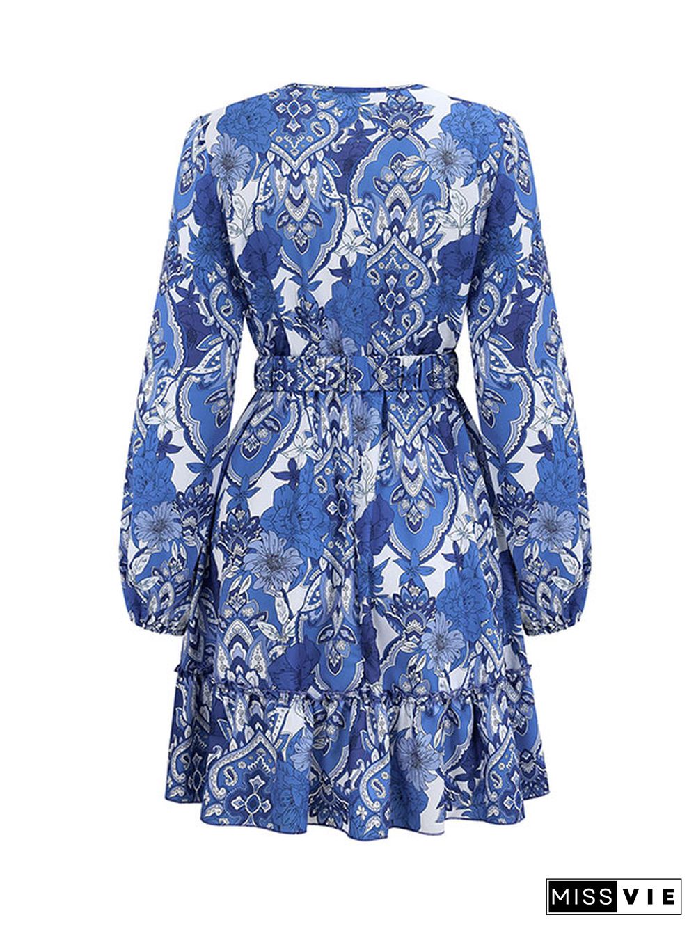 A-line Long Sleeves Belted Flower Print Pleated Split-Joint V-neck Mini Dresses