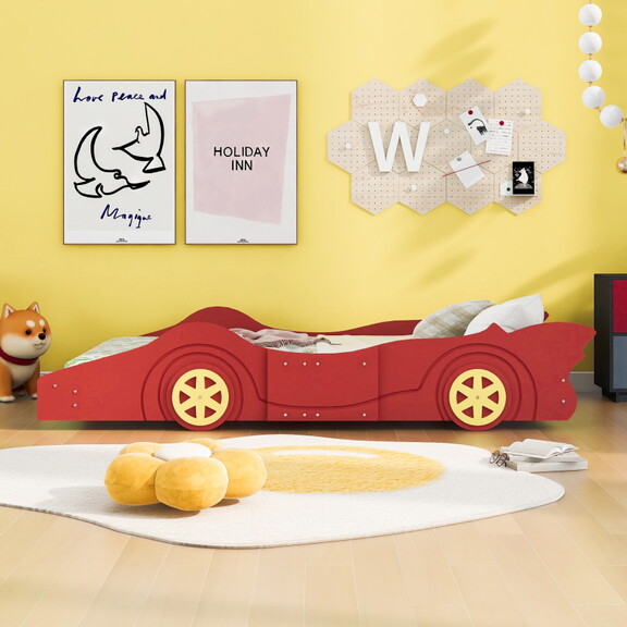 Full Size Race Car Shaped Platform Bed with Wheels...