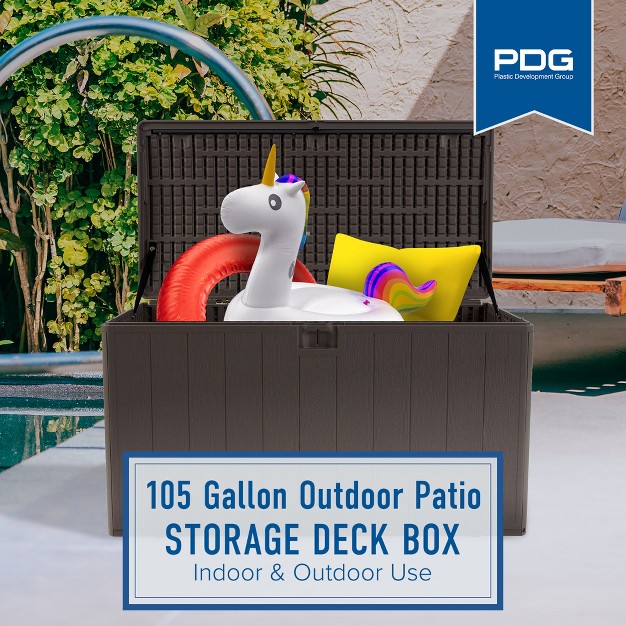 Plastic Development Group 105 Gallon Weatherproof Resin Outdoor Patio Storage Deck Box With Secure Lid Retainer Straps Driftwood Gray