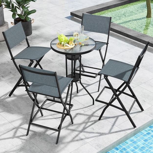 Costway Set Of 4 Outdoor Bar Chair Folding Bar Height Stool With Metal Frame Blue coffee