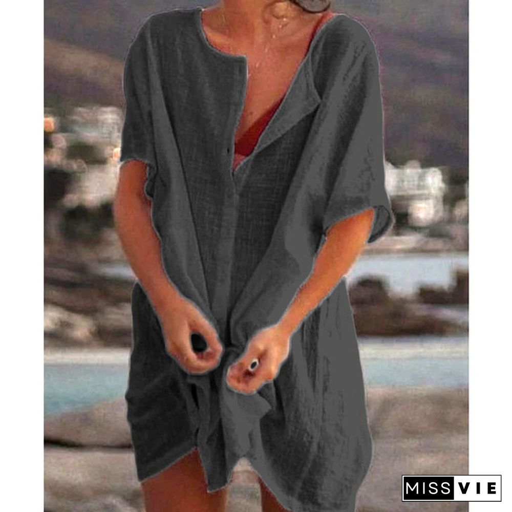 Fashion Summer Clothes Women's Casual Short Sleeve Dresses Beach Wear Robe Femme Swimwear Cover-up Linen Dress Loose Blouses Long T-shirt Deep V-neck Solid Color Swimsuit Cover-ups Dress Mini Party Dress