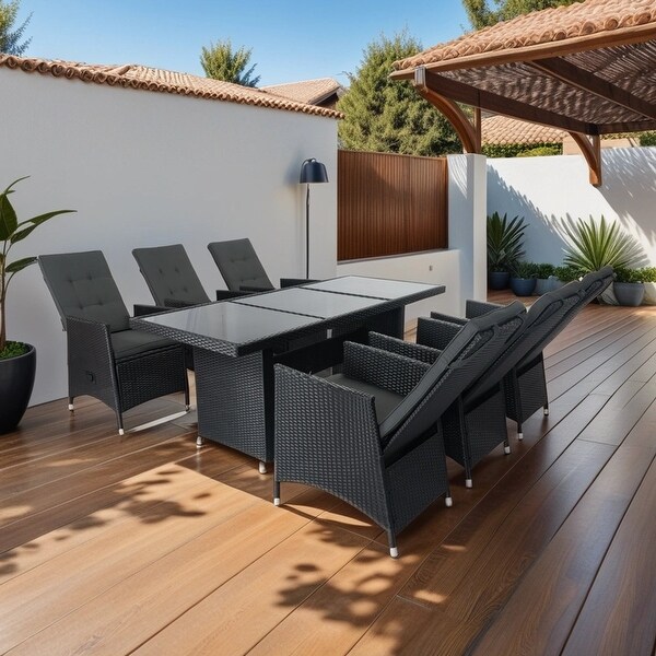 Black 7Piece Outdoor Patio Wicker Dining Set With Adjustable Backrest and Cushion