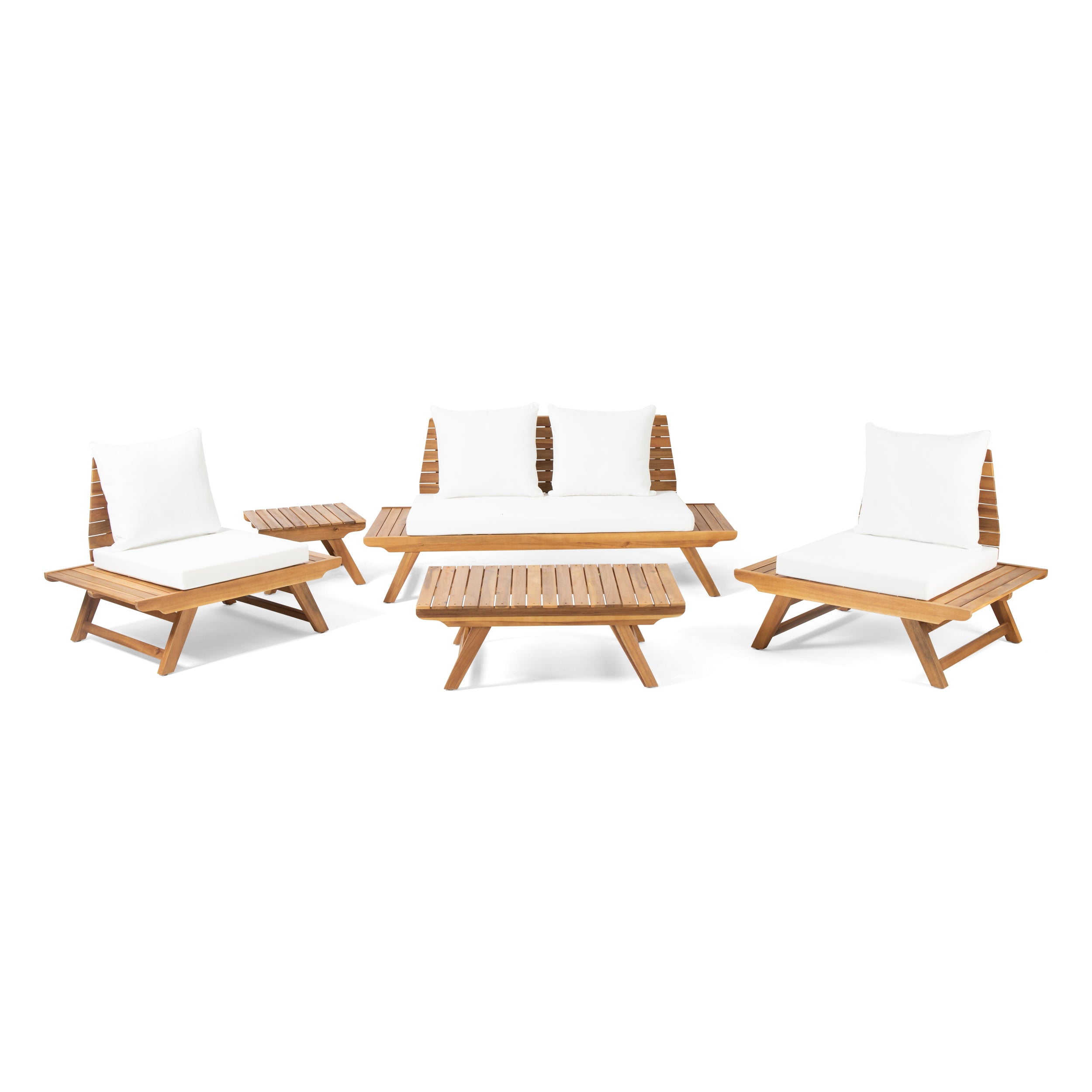 Kaiya Outdoor Acacia Wood 4 Seater Chat Set with Side Table and Coffee Table