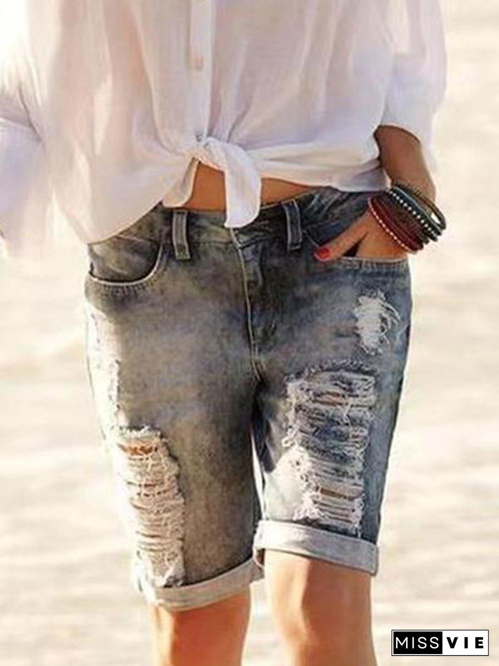 Casual Mid-rise Ripped Distressed Denim Bike Shorts P10555