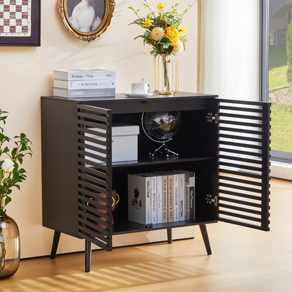 Black Sideboard Buffet Cabinet  Accent Storage Cabinet Kitchen Console Table with 2 Hollowed Out Doors