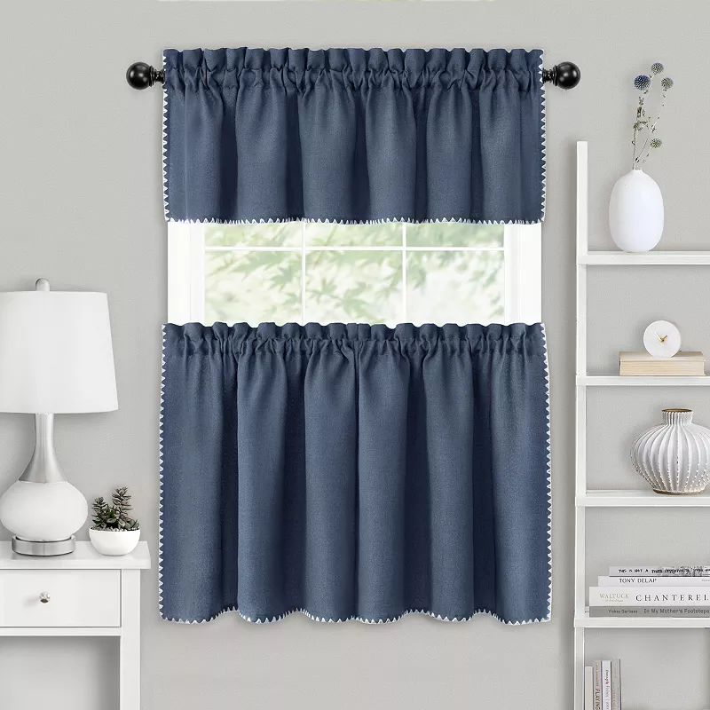 Kate Aurora Coastal Hamptons Living Complete 3 Piece Textured Kitchen Curtain Tier and Valance Set