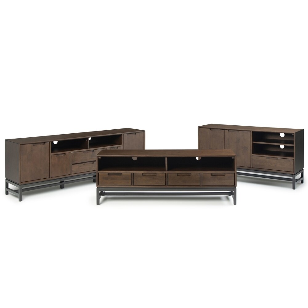 WYNDENHALL Devlin SOLID HARDWOOD 72 inch Wide Industrial TV Media Stand in Walnut Brown For TVs up to 80 inches