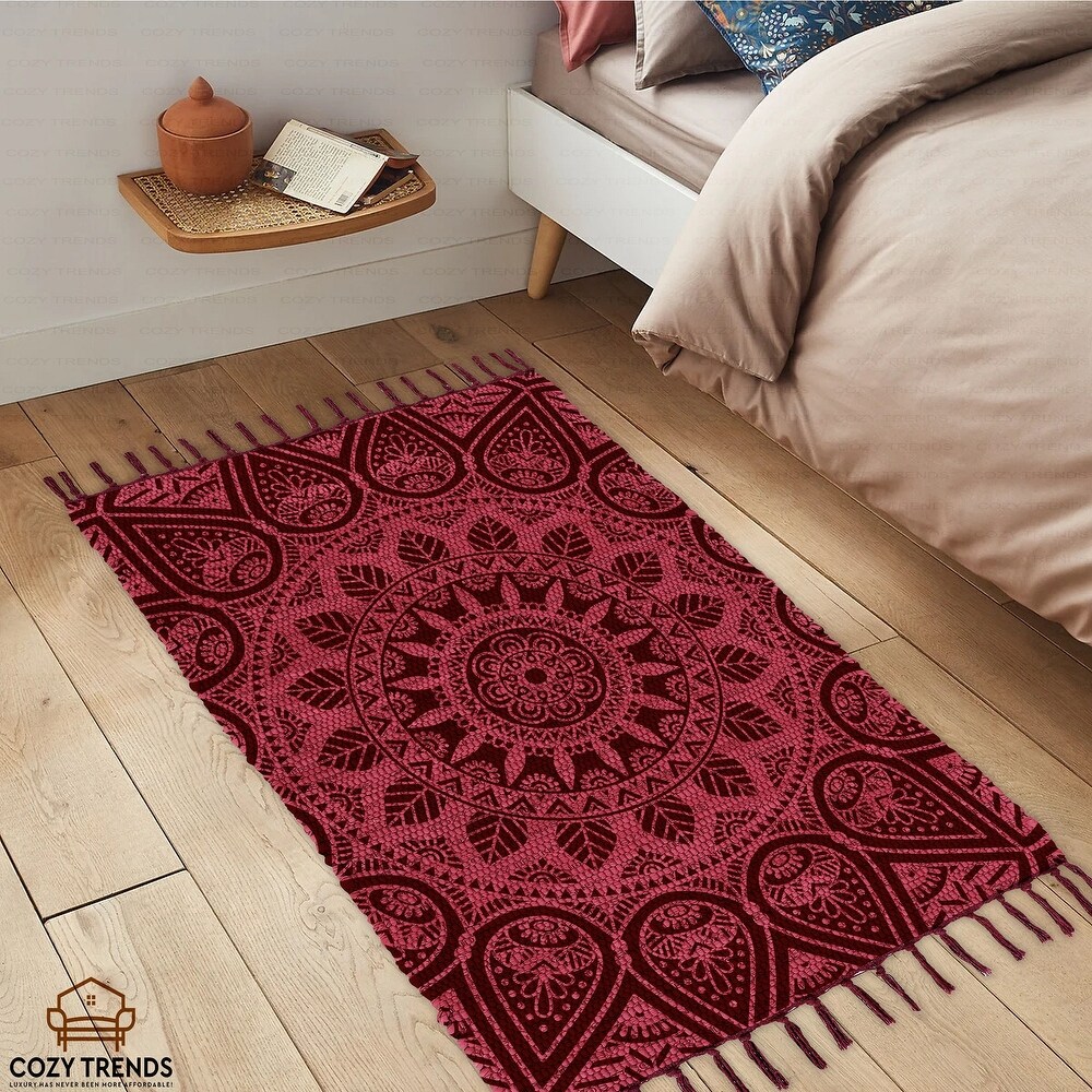 Cotton Woven Boho Rug 2'x3' Small Rug with Tassel  Versatile Washable Throw Rug for Bedroom Bathroom Hallway  Laundry  Entryway