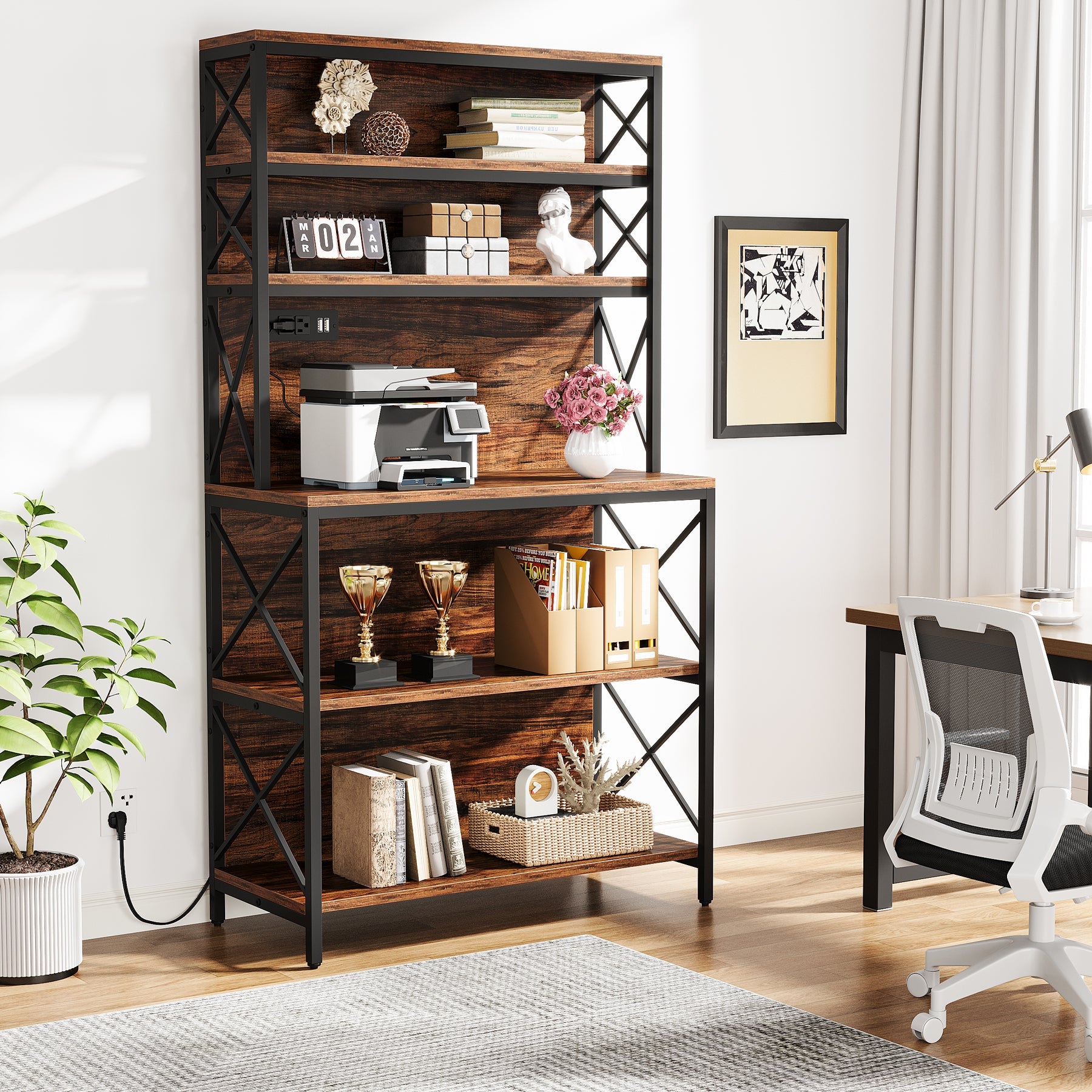 70 Bookshelf, Wood Bookcase Display Shelf with Power Outlets