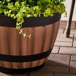 Vigoro 20 in. Reedley Large Kentucky Walnut Brown Resin Wine Barrel Planter (20 in. D x 14.5 in. H) HD1313-037