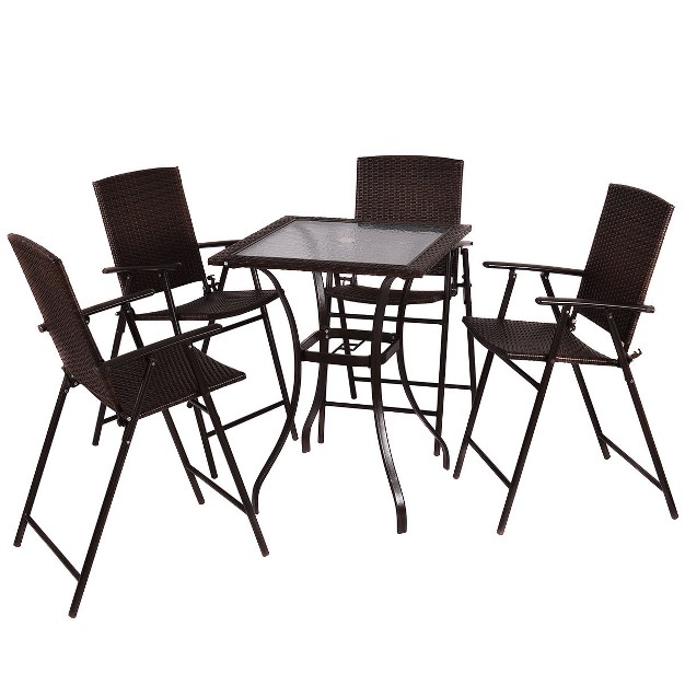 Costway 5pcs Rattan Patio Furniture Set 4 Bar Stool Folding Chair Bar Table W glass Top