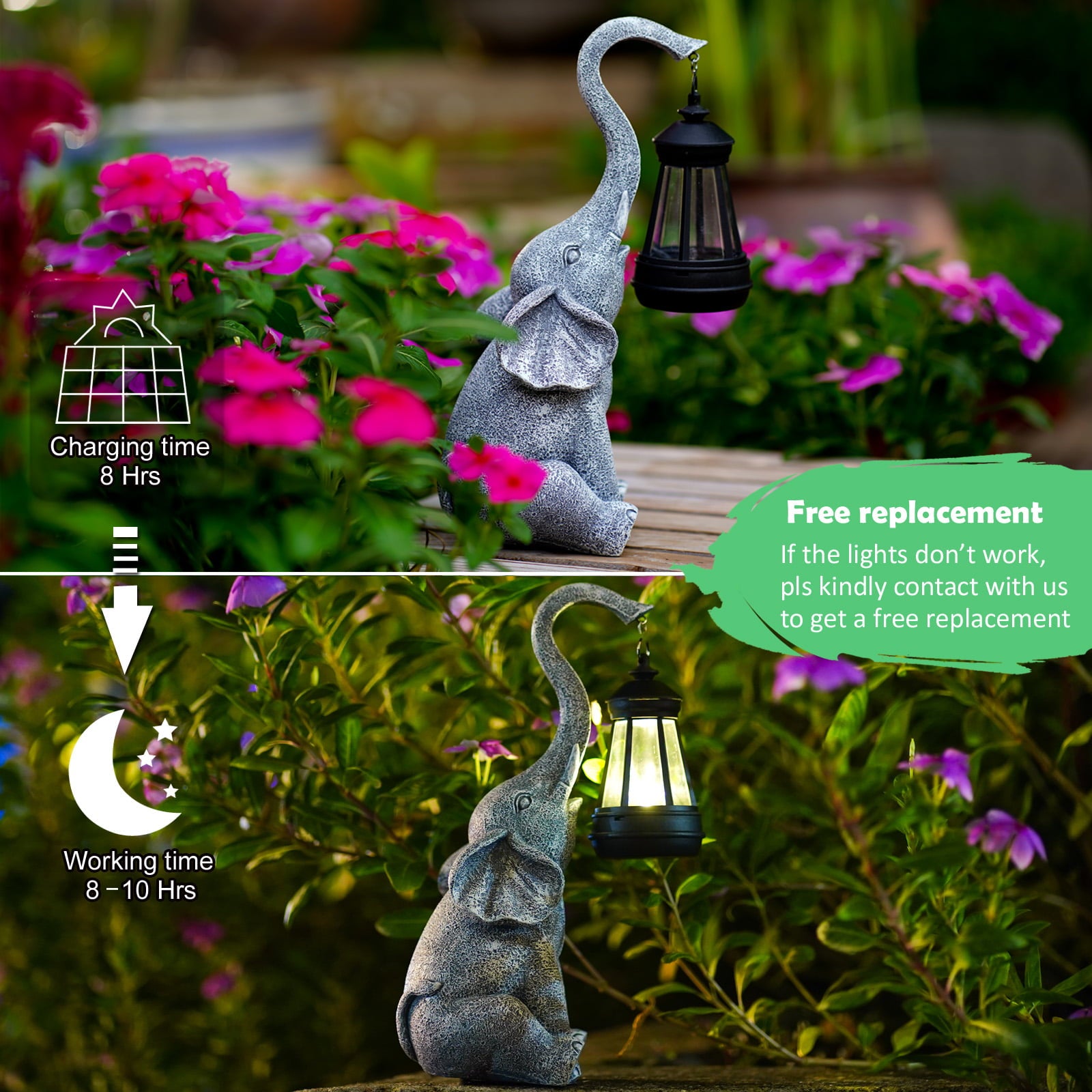 Goodeco Elephant Decor with Solar Lanterns - 11 inch Elephant Outdoor Statues Figurines with Solar Powered LED Lights for Garden/Yard Decor,Good Luck Elephant Gifts for Women