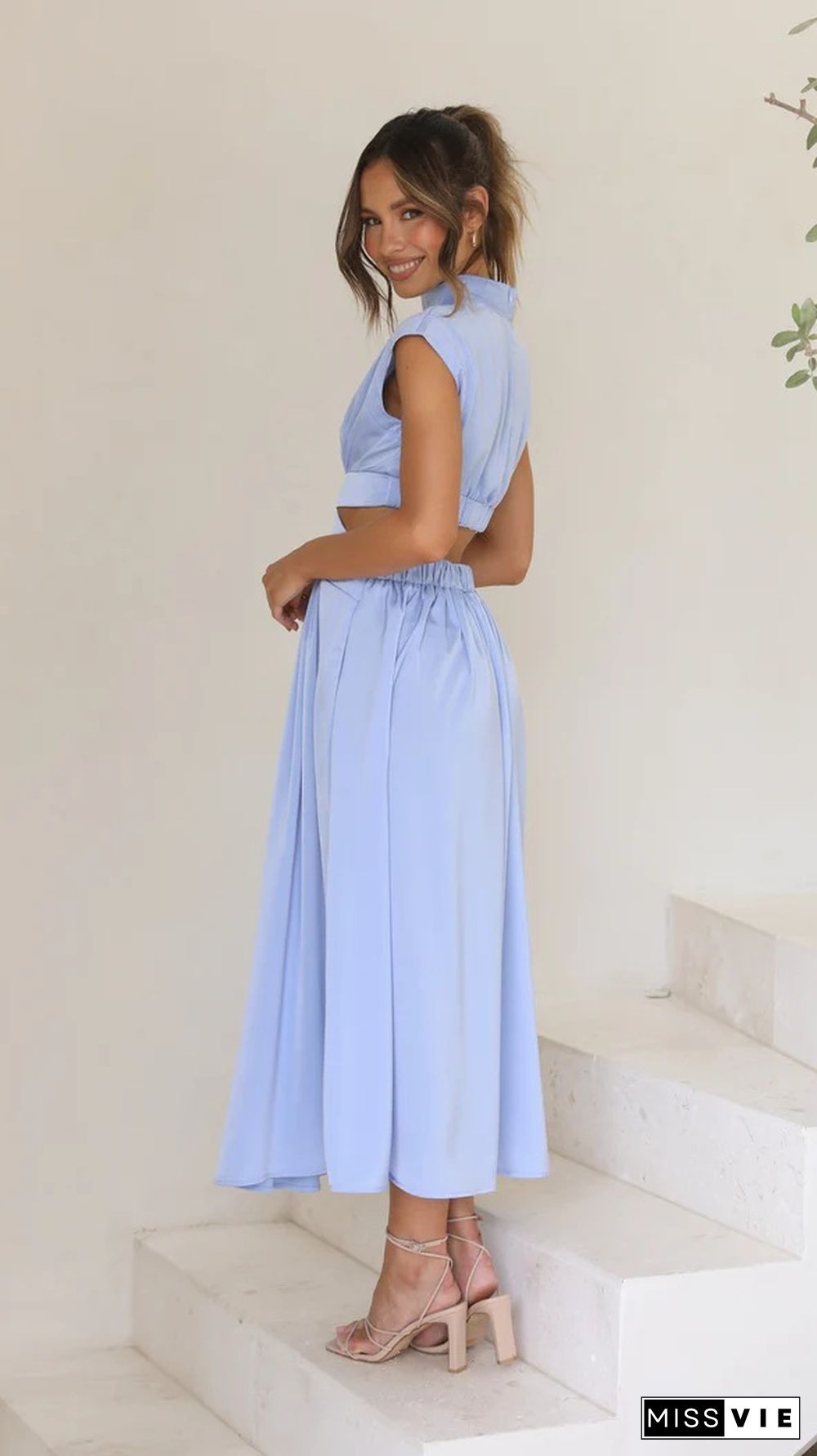 Fashion Stand Collar Macaron Color Open Waist Long Dress