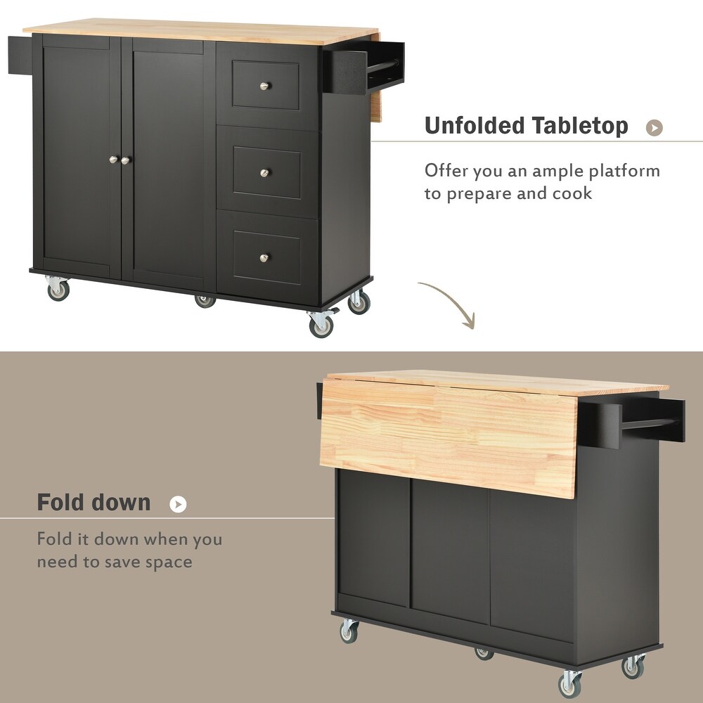 Rolling Mobile Kitchen Island with Drop Leaf   Solid Wood Top  Locking Wheels   Storage Cabinet and 3 Drawers